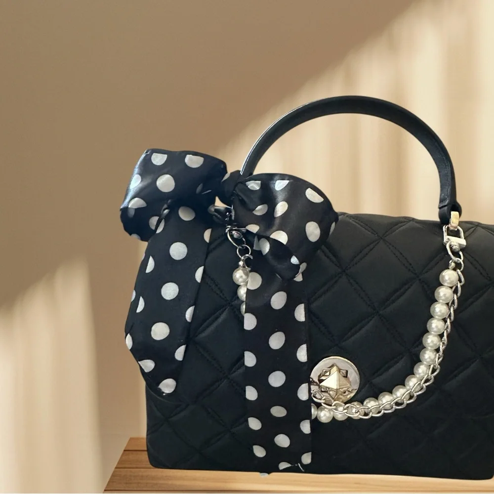 Kate Spade Diamond Black Quilted Top Handle Satchel - Crossbody & Pearl Charm